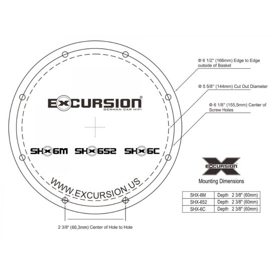 Excursion SHX-6M średnio-niskotonowe głośniki samochodowe (mid-woofery) o średnicy 165mm - 3ohm, 90/250W, 92dB, 50-10000Hz, 2-drożne zwrotnice, głęb.